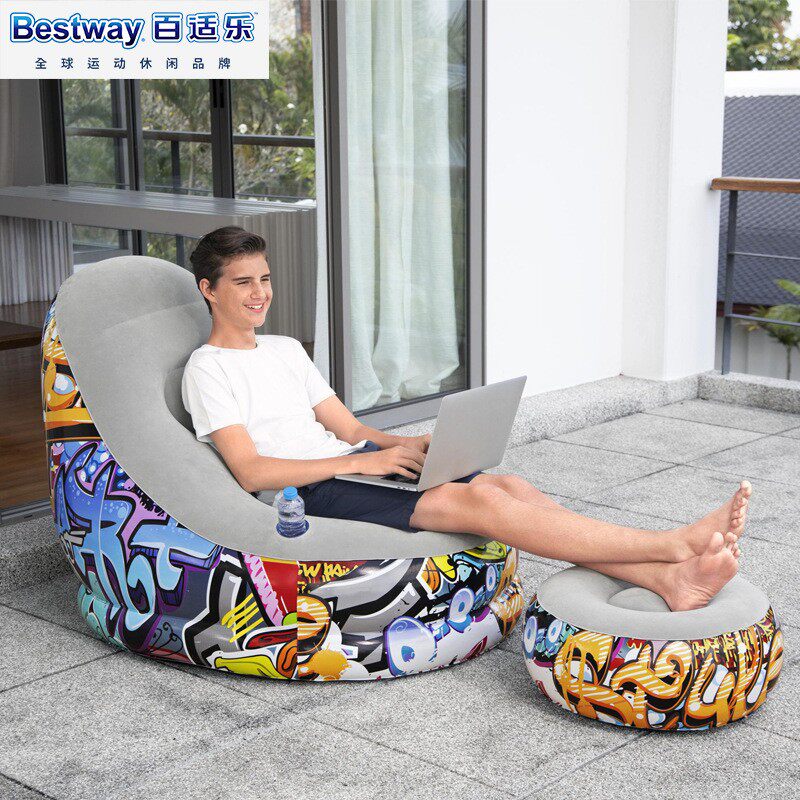 Bestway涂鸦单人植绒沙发脚蹬便携充气沙发折叠床懒人椅午休躺椅
