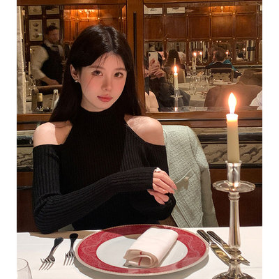 秋冬季纯欲显瘦百搭露肩修身紧身针织衫毛衣温柔风打底内搭上衣女