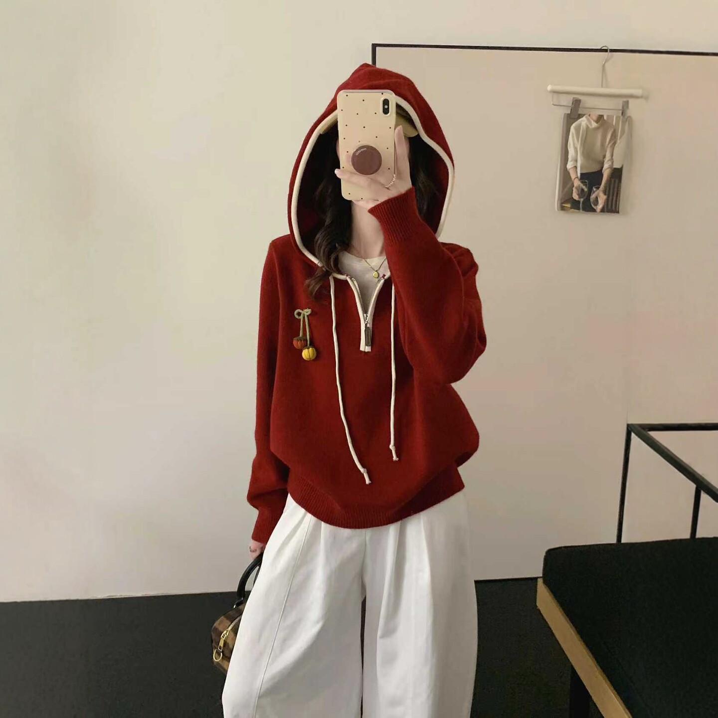 冬季半拉链连帽红色毛衣女2025新款爆款内搭可外穿针织打底衫秋冬