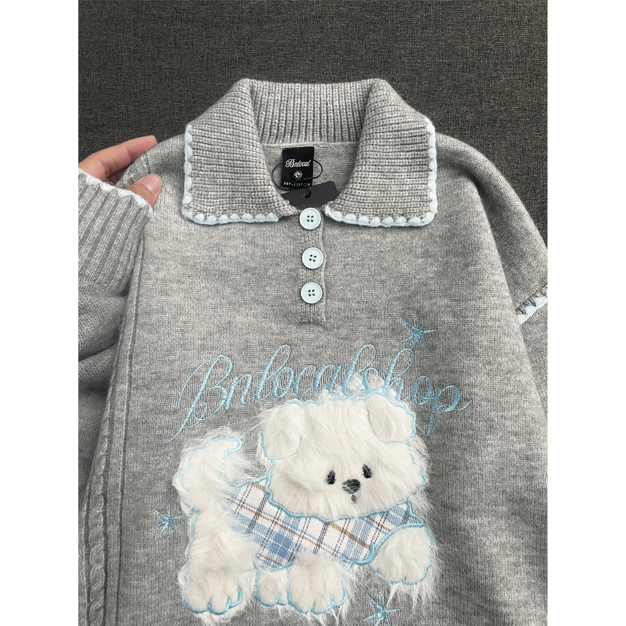 日系可爱毛绒小狗polo翻领毛衣女秋冬季宽松慵懒学院风减龄针织衫