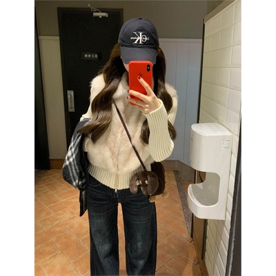 高级设计感仿貂绒皮草女冬季短款加厚时尚拼接针织袖环保毛毛外套