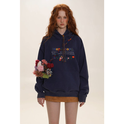 Moromoro字母刺绣宽松加厚连帽套头卫衣女美式复古小众设计感上衣