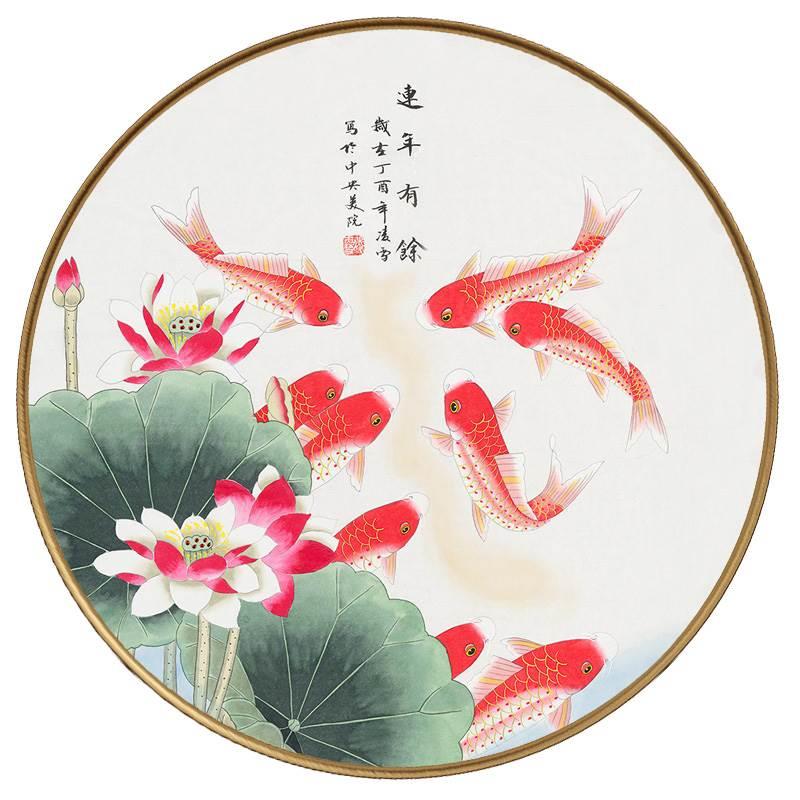 新中式玄关装饰画客厅圆形挂画餐厅卧室壁画书房墙画连年有余鱼图片