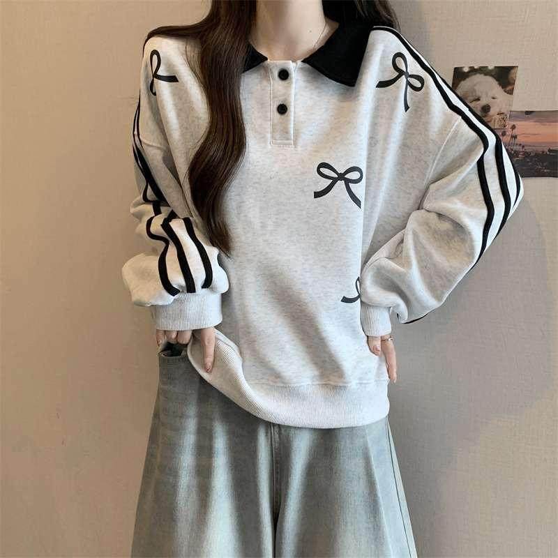 大码2-300斤条纹三条杠polo领卫衣女春秋宽松胖mm蝴蝶结上衣外套