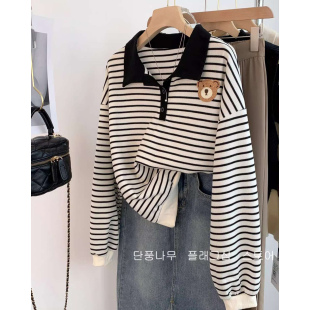 上衣 300斤条纹卫衣女春秋宽松复古学院风翻领polo衫 加肥超大码