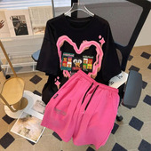 宽松多巴胺休闲运动短裤 300斤时尚 女夏季 t恤一整套 套装 加肥大码