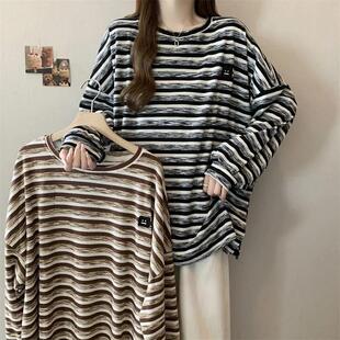 胖mm宽松复古打底衫 加肥大码 T恤女春秋季 300斤开叉条纹长袖 上衣