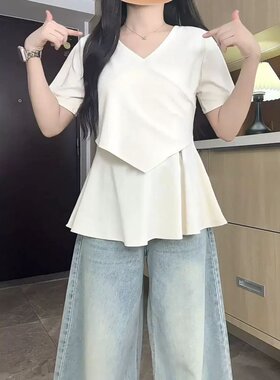 特大码300斤遮肚显瘦V领T恤