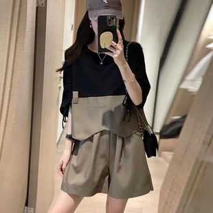 短裤 女夏宽松休闲拼接撞色短袖 两件套 300斤时髦减龄套装 胖mm大码