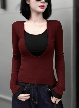 2026年春季新款长袖T恤女撞色设计感小众修身显瘦洋派打底衫0111r