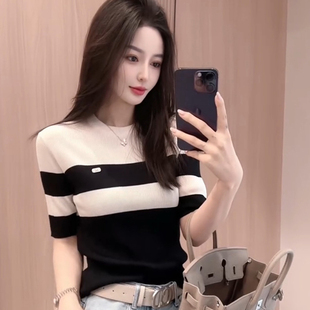 夏季条纹毛衣女款修身显瘦设计品牌休闲上衣0708r