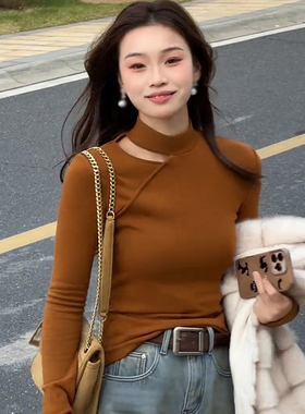 2026春季新款时尚半高领镂空洋气正肩长袖T恤女气质修身显瘦0111r