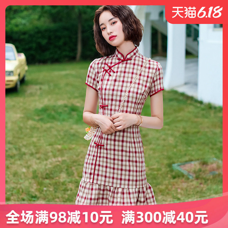 红色格子旗袍女短款年轻款少女日常改良版文艺鱼尾裙棉麻连衣裙夏