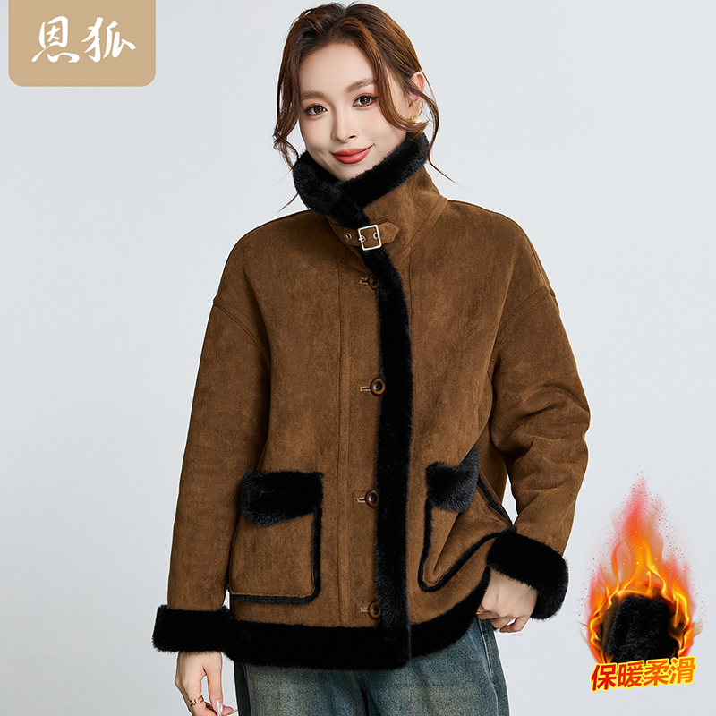 恩狐妈妈冬装新款加厚加绒保暖一体毛外套中年女装时尚气质大衣