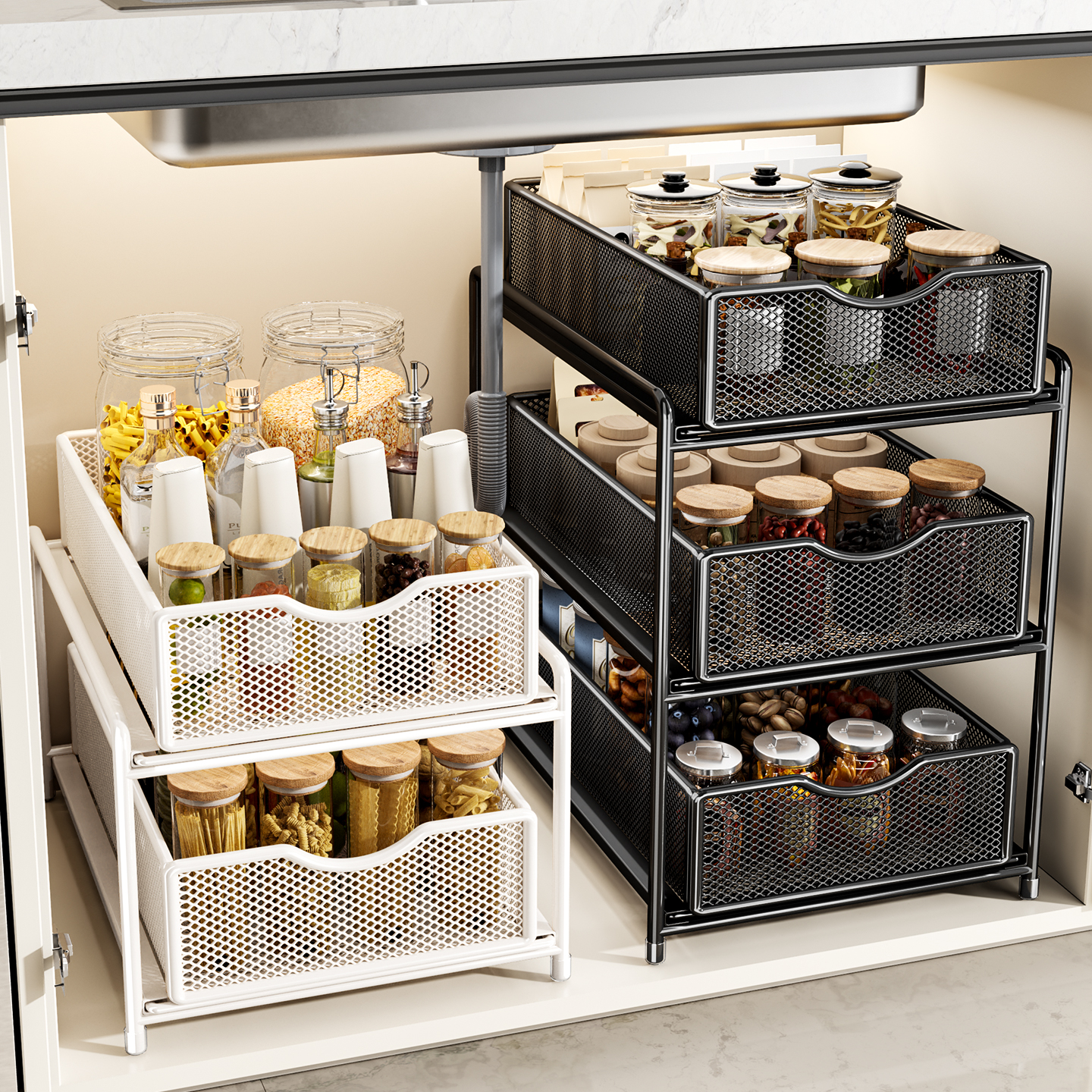 下水槽置物架抽拉式橱柜内分层架子抽屉拉篮厨房多功能调料收纳盒