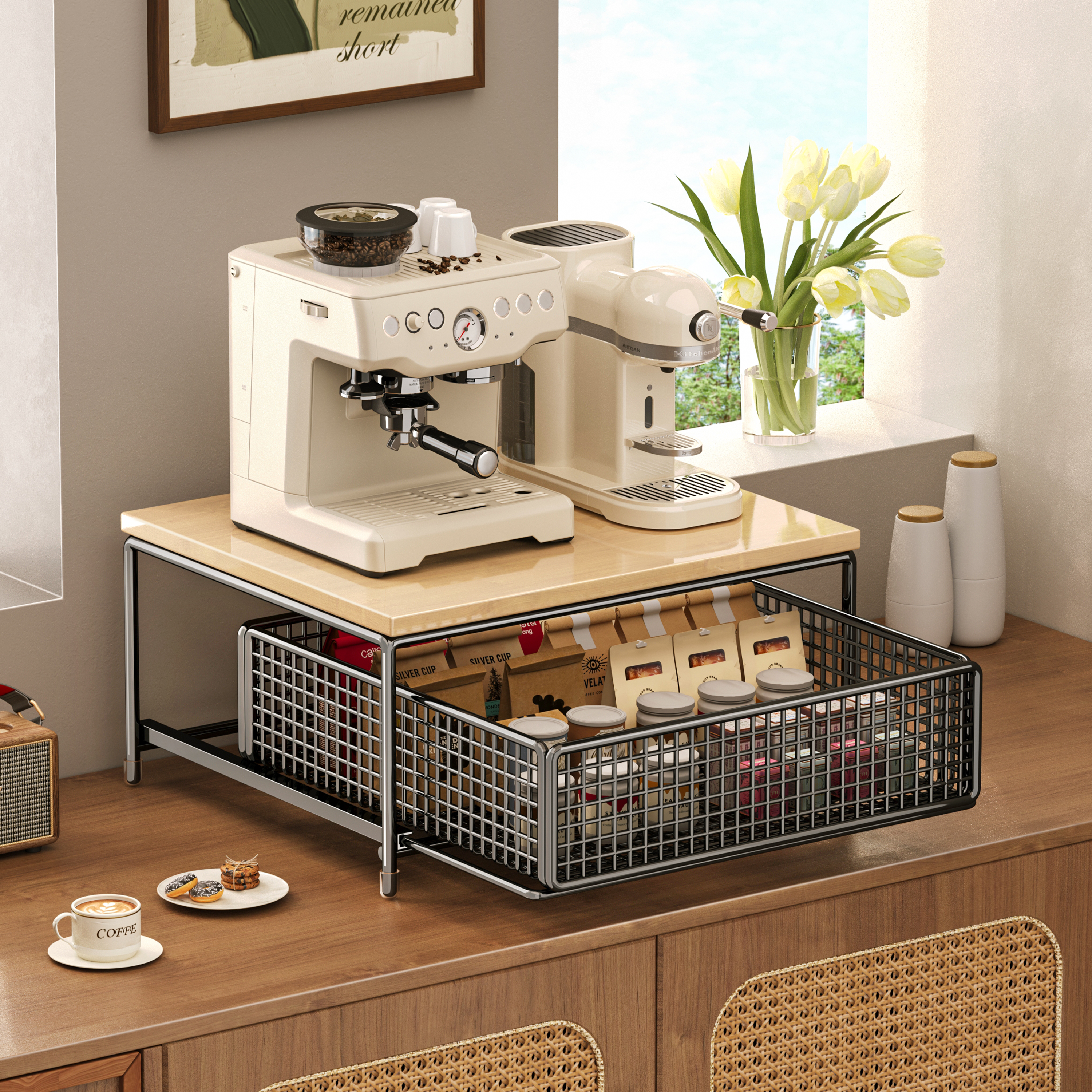 抽拉置物架吧台咖啡机收纳架分层茶包胶囊储物盒带抽屉台面陈列架