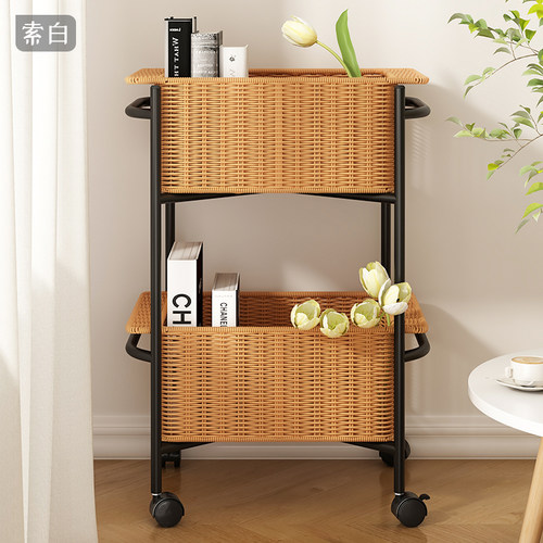 仿藤编置物架零食小推车客厅移动收纳架落地书架收纳筐卫生间神器