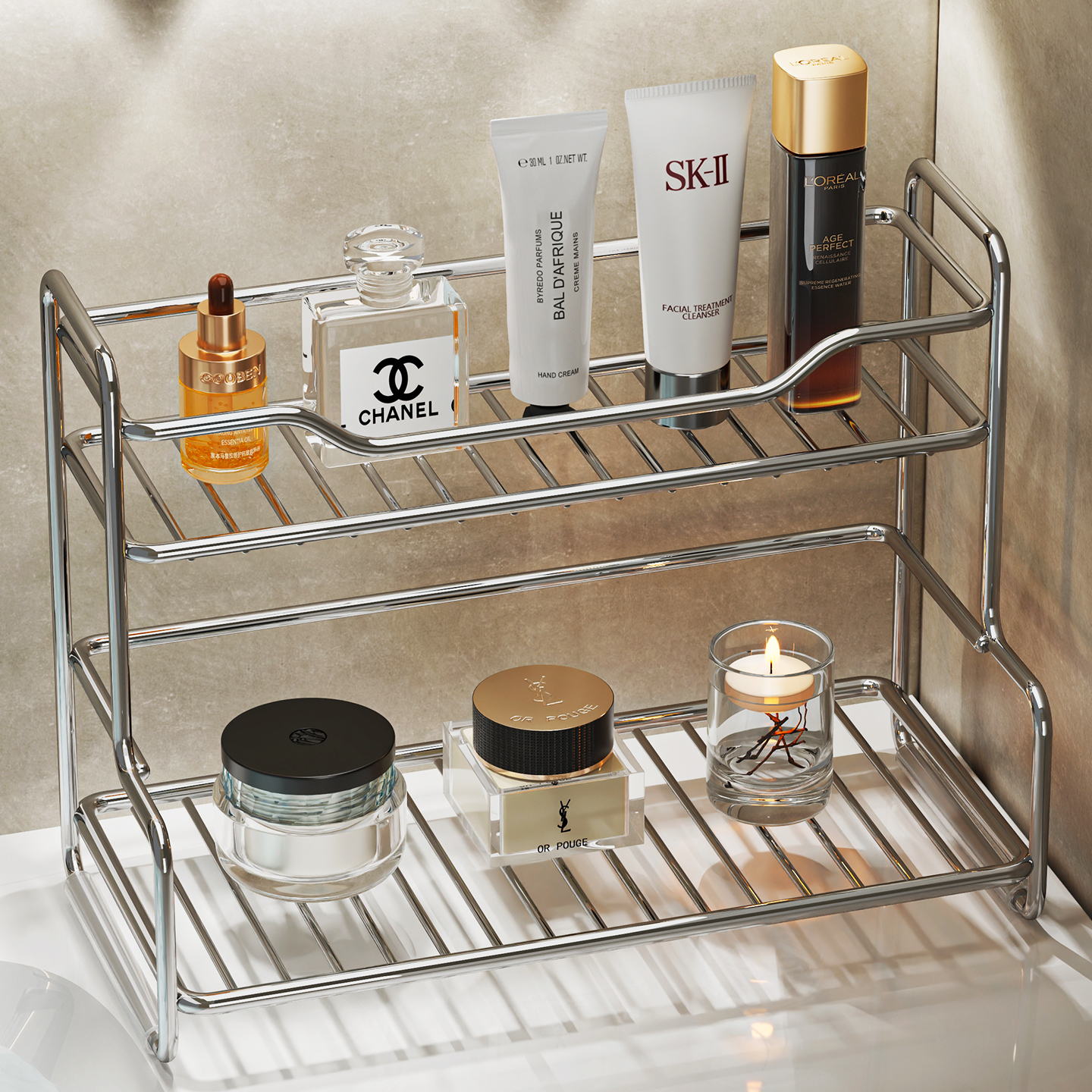 不锈钢浴室收纳置物架双层台面护肤品收纳架卫生间洗漱台面小架子