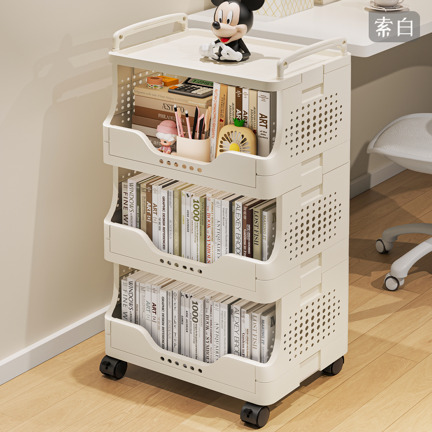 书架置物架落地一体靠墙可移动多层收纳架带轮书柜简易桌边整理架