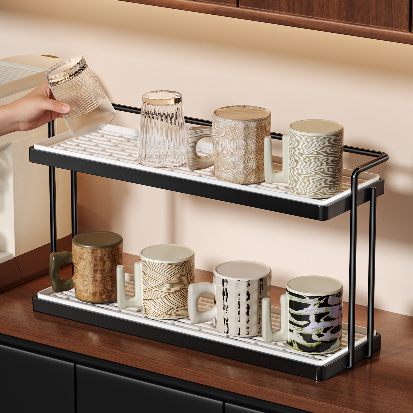 沥水杯架高级感厨房餐边柜台面咖啡茶水杯托盘桌面收纳双层置物架,收纳整理,整理架/置物架/收纳架,淘宝优惠券,粉丝福利购,淘宝优惠卷