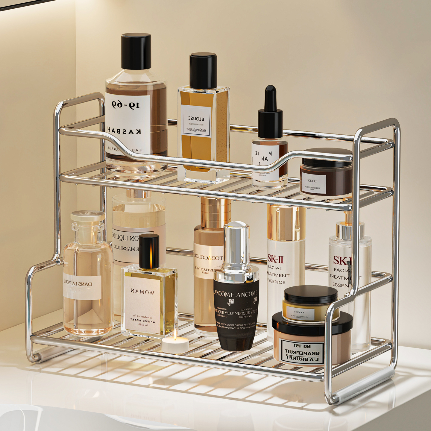 卫生间不锈钢置物架浴室洗手台护肤化妆品收纳架双层镜前架子收纳