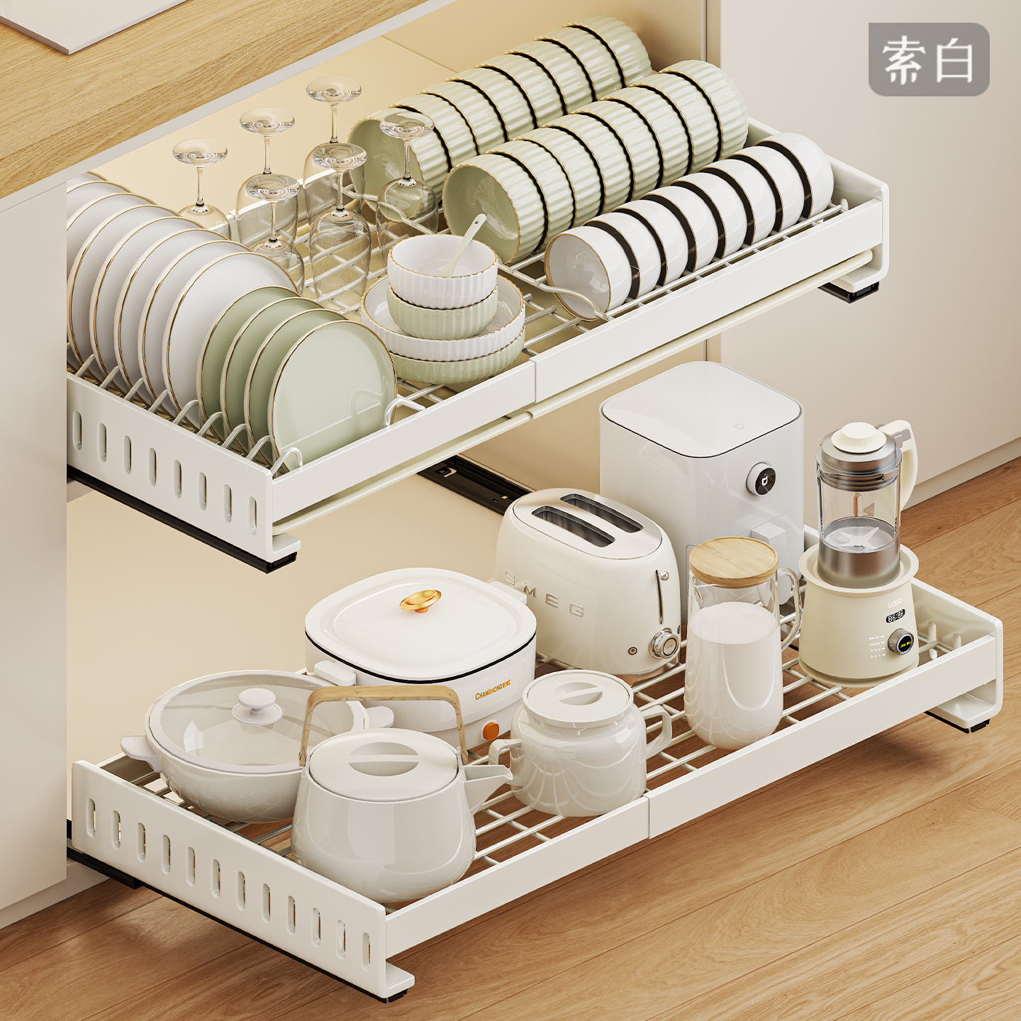 可伸缩橱柜拉篮厨房碗碟收纳架抽拉沥水碗架免打孔家用餐具置物架