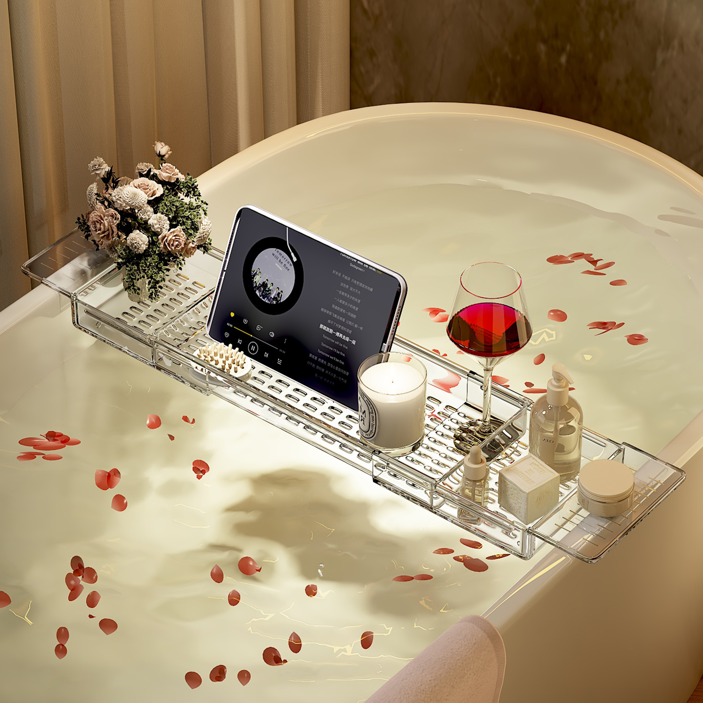 浴缸置物架可伸缩亚克力轻奢泡澡置物板浴室必备神器泡浴桶支撑架