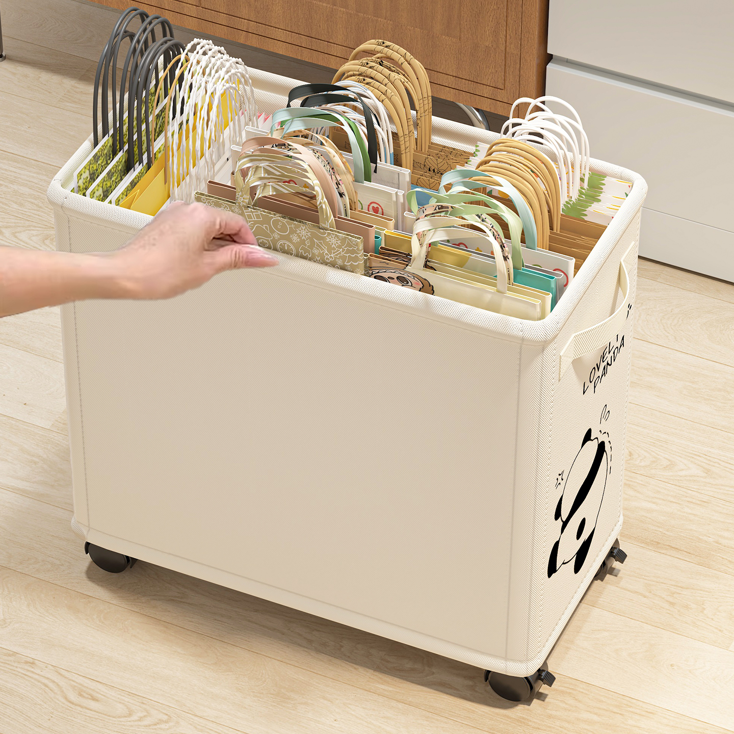 可移动纸袋收纳筐大容量奶茶袋外卖袋购物袋折叠带轮收集置物篮子