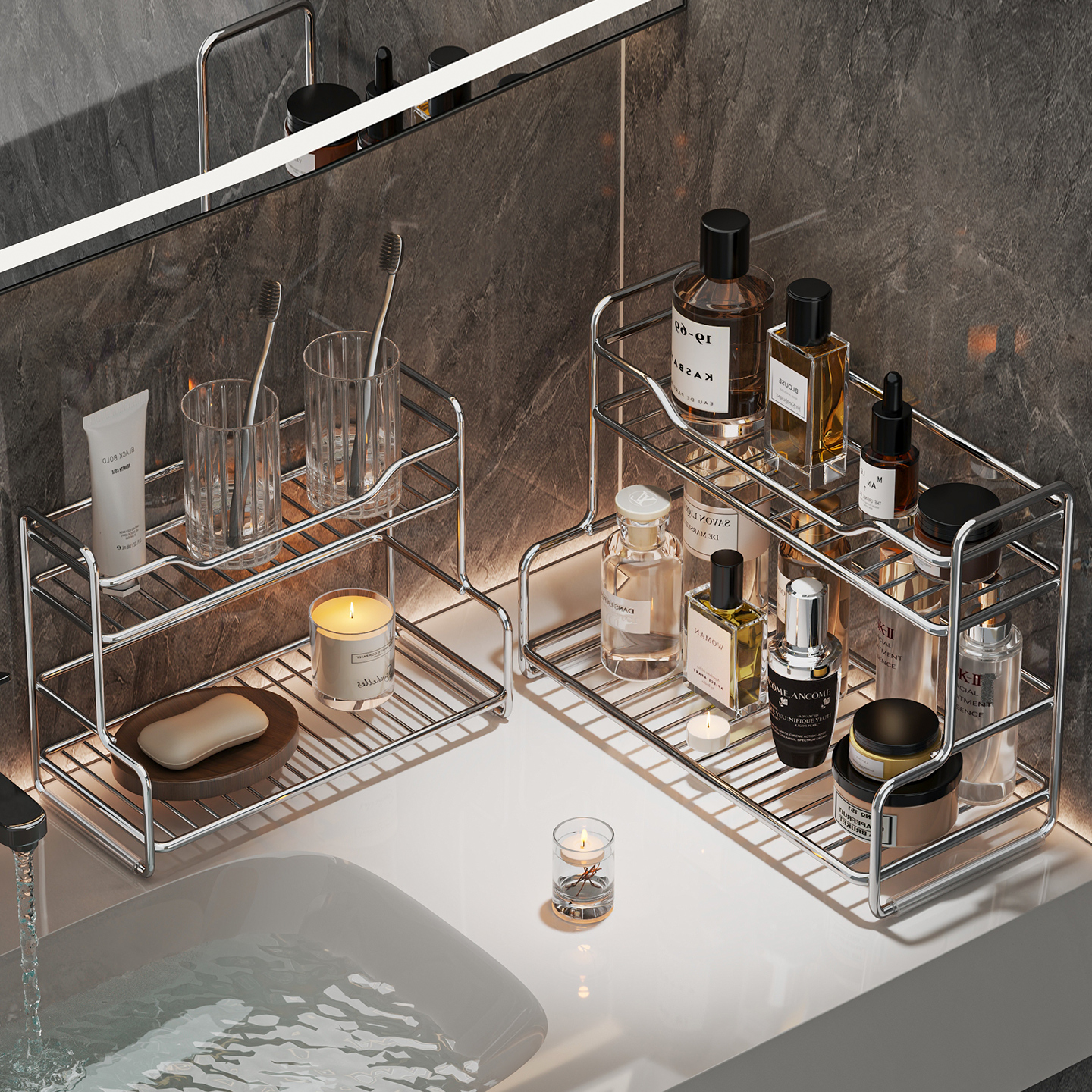 洗漱台不锈钢浴室置物架卫生间台面双层护肤化妆品收纳架镜前架子