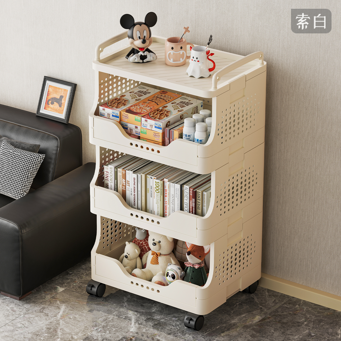 零食小推车置物架落地多层收纳玩具架家用客厅小型带轮可移动书架