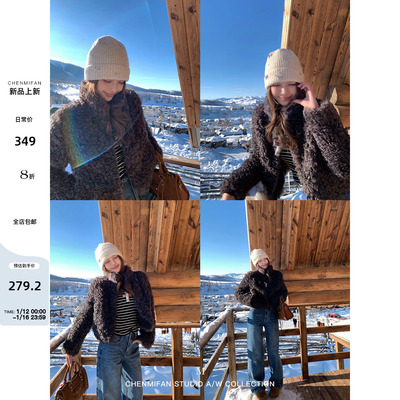 辰米范 德拉旧街 环保仿羊卷毛皮草外套女复古立领短款毛毛大衣