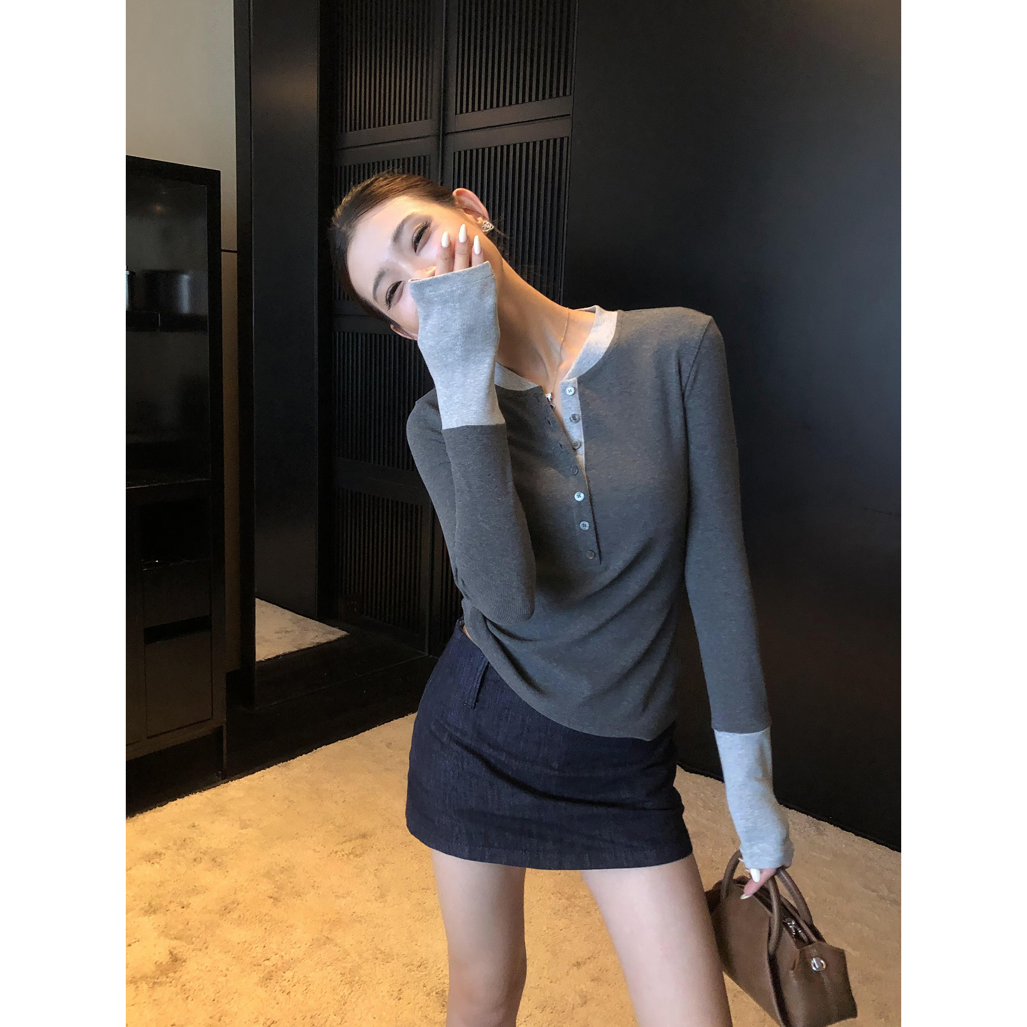 撞色拼接针织衫长袖t恤女