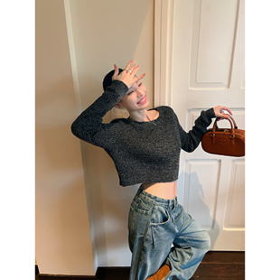 长袖 辰米范 毛衣女宽松短款 慵懒风简约镂空针织罩衫 上衣 秋色弥深