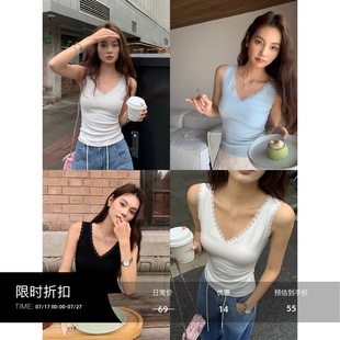 上衣 辰米范 白色v领蕾丝吊带背心女外穿2025新款 修身 针织打底无袖