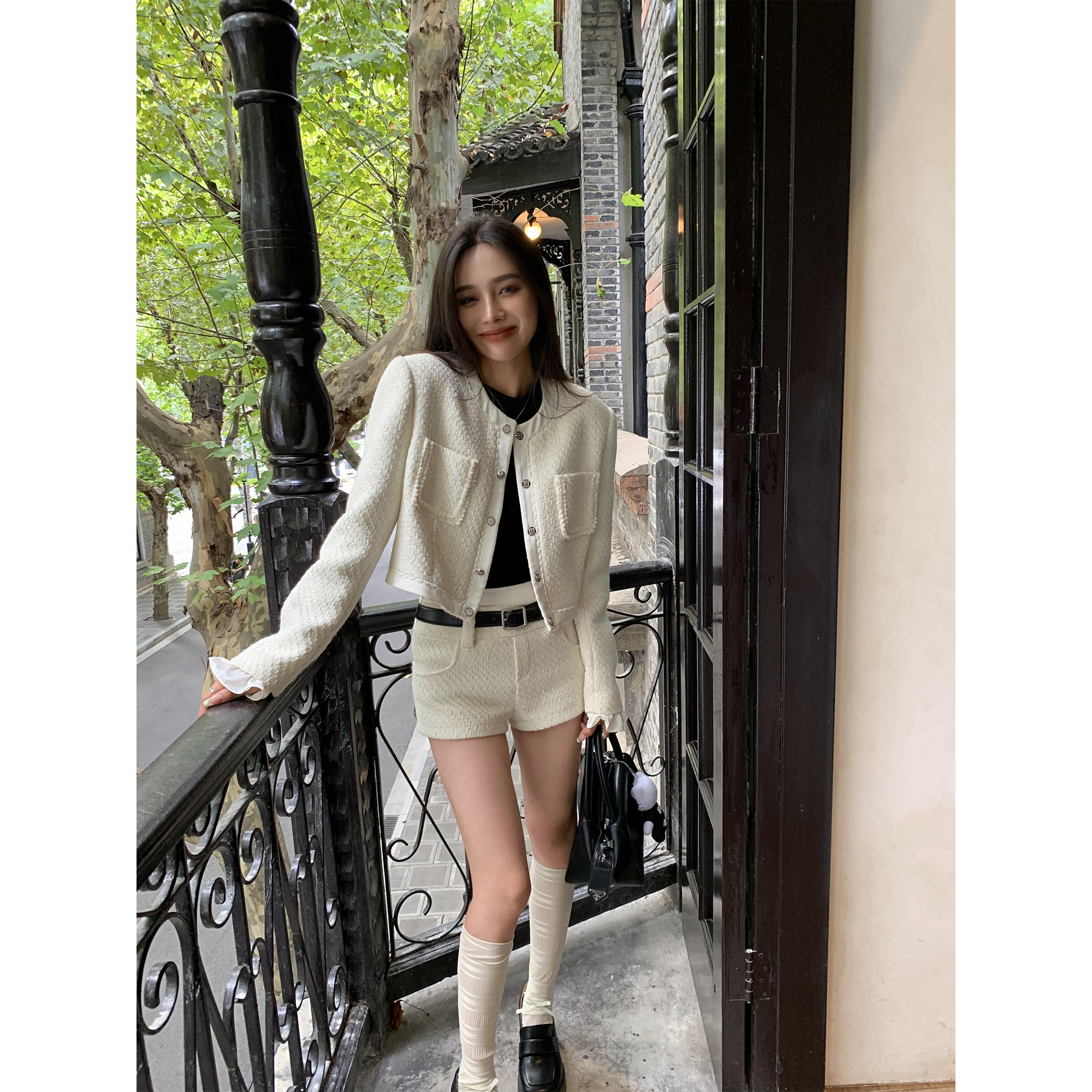 辰米范 白色小香风外套女两件套气质粗花呢拼接长袖短款上衣套装