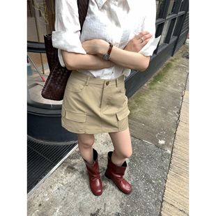高腰显瘦防走光a字工装 卡其色半身裙女夏季 短裙 西部日落 辰米范
