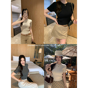 T恤女基础款 复古麻花短袖 轻薄圆领针织短上衣 miu系少女 辰米范