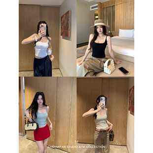 方领辣妹无袖 辰米范 短款 自带胸垫吊带背心女白色修身 上衣 舒适区