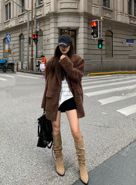 辰米范 【现货7折】羊羔毛外套宽松加厚西装毛绒绒仿皮草短款大衣