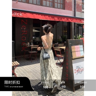 辰米范 小眾收腰露背顯瘦氣質(zhì)長(zhǎng)裙 新款 v領(lǐng)碎花連衣裙吊帶裙女夏季