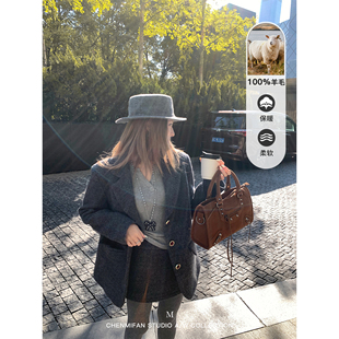 套装 辰米范 外套女a字毛呢裙裤 复古灰色宽松羊毛西装 伦敦艺术生