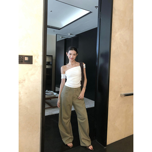 辰米范 街区漫步~美式阔腿牛仔裤女卡其色复古工装裤宽松弯刀裤