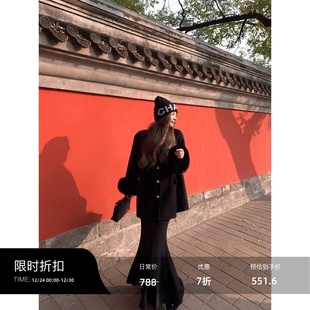 小个子大衣 100羊毛双面呢毛呢外套女狐狸毛袖 辰米范 现货7折