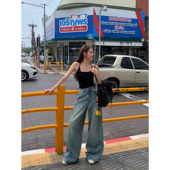 做旧高腰休闲拖地阔腿裤 辰米范 新款 女夏季 复古蓝直筒宽松牛仔裤