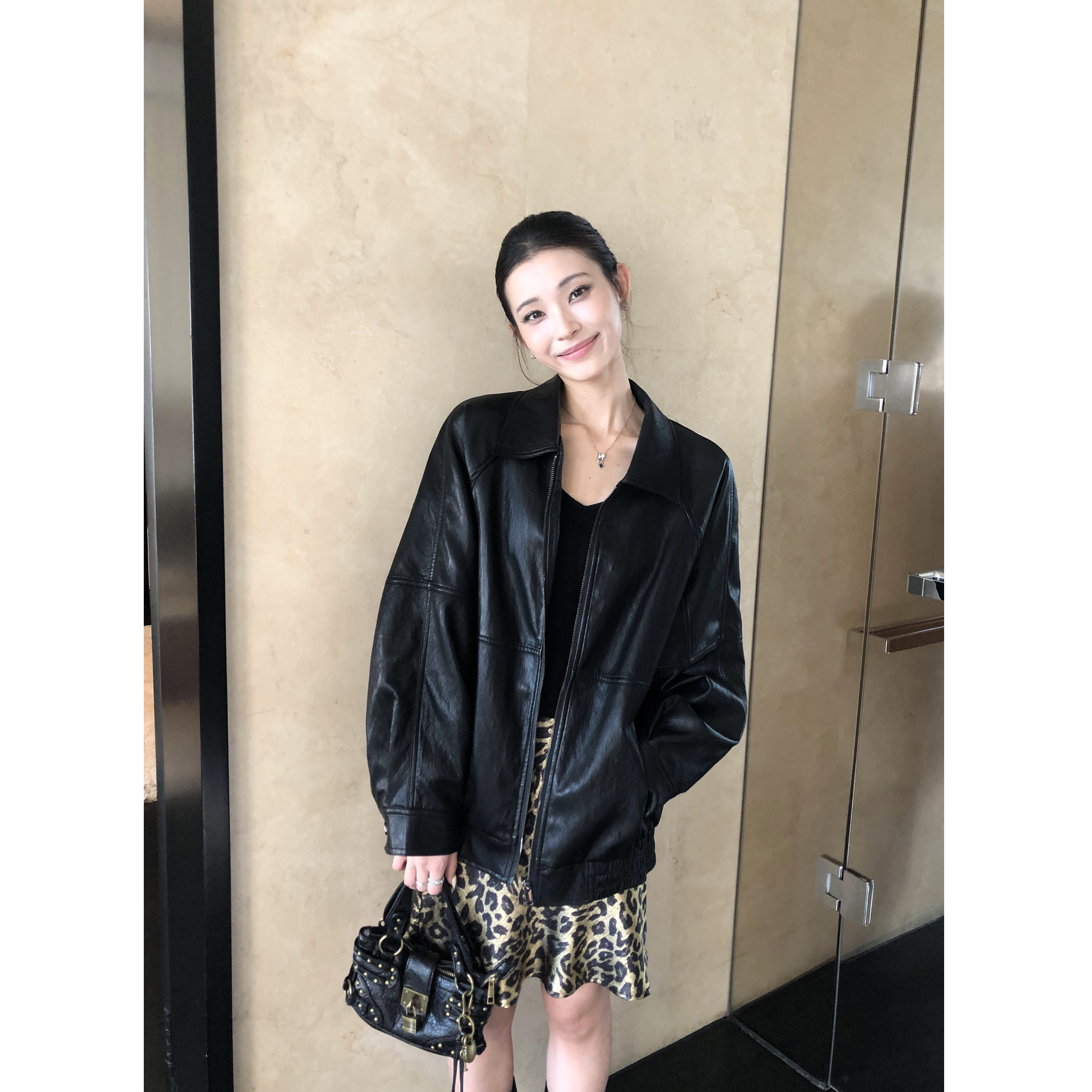 辰米范 摩登画刊 复古廓形皮衣外套女秋季翻领休闲宽松PU皮夹克