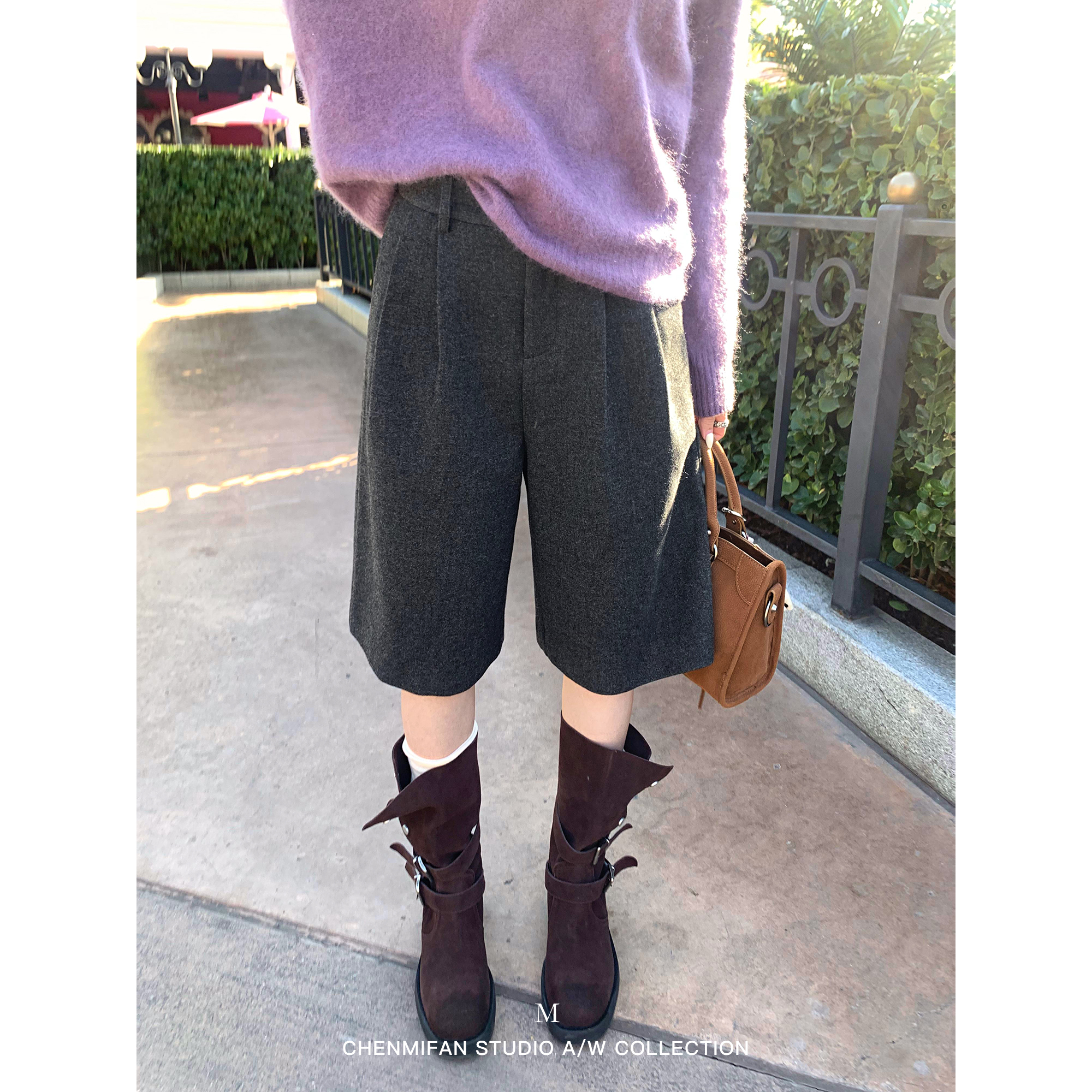 辰米范 时髦先锋 简约毛呢黑色西装短裤女高腰宽松休闲阔腿五分裤