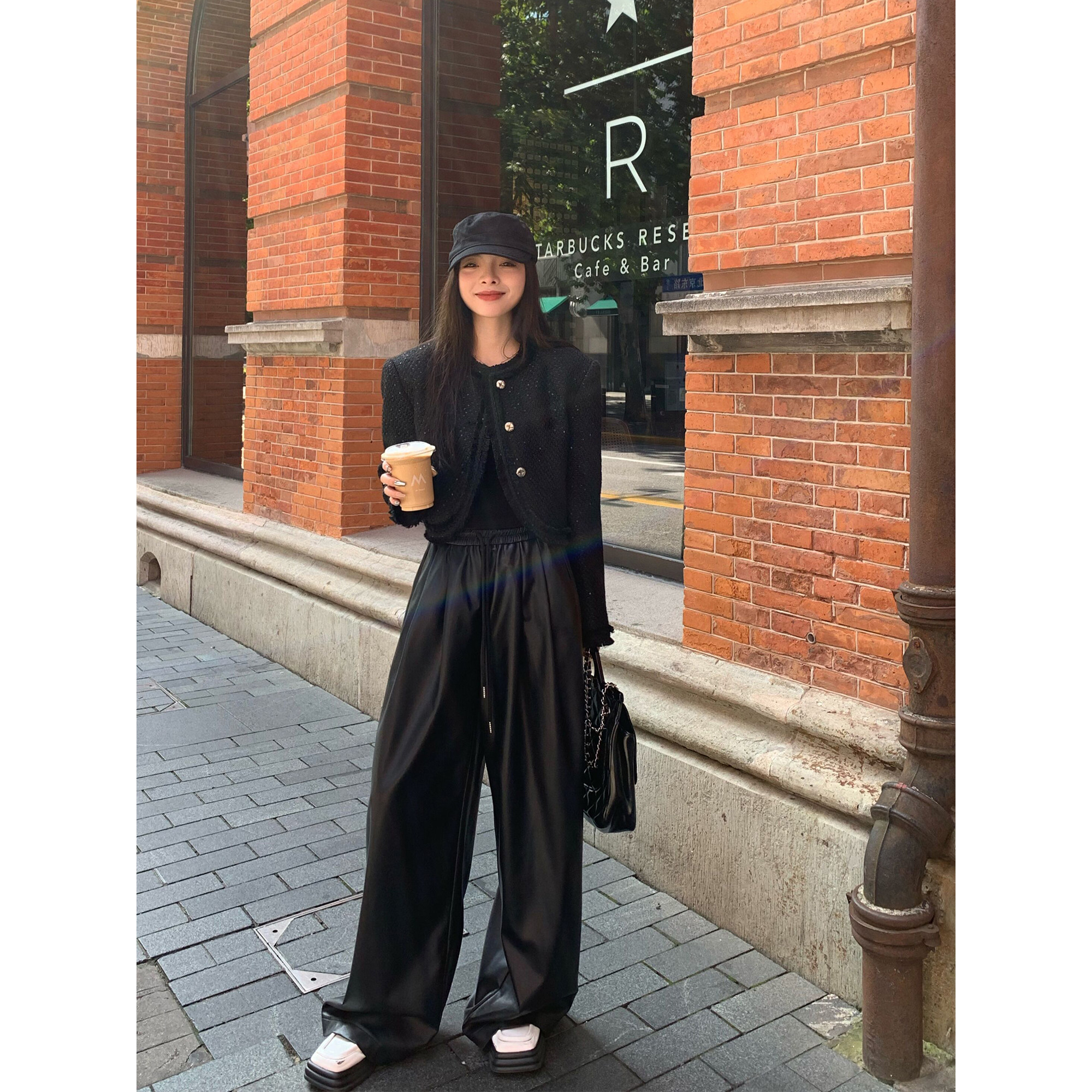 辰米范 【现货6折】黑色直筒皮裤女秋季高腰阔腿裤垂感pu皮长裤,女装/女士精品,休闲裤,淘宝优惠券,粉丝福利购,淘宝优惠卷