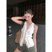 少女曼调 开衫 花边马甲背心女夏季 收腰设计感无袖 上衣 修身 辰米范