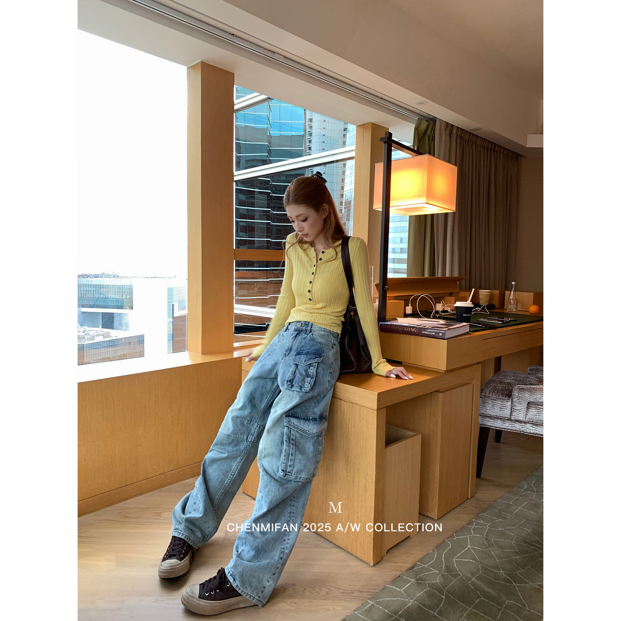 辰米范 布鲁克街 美式复古弯刀工装牛仔裤女多口袋宽松直筒阔腿裤