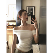 短款 辰米范 t恤女气质修身 白色一字肩短袖 露肩抹胸上衣 梦幻缪斯